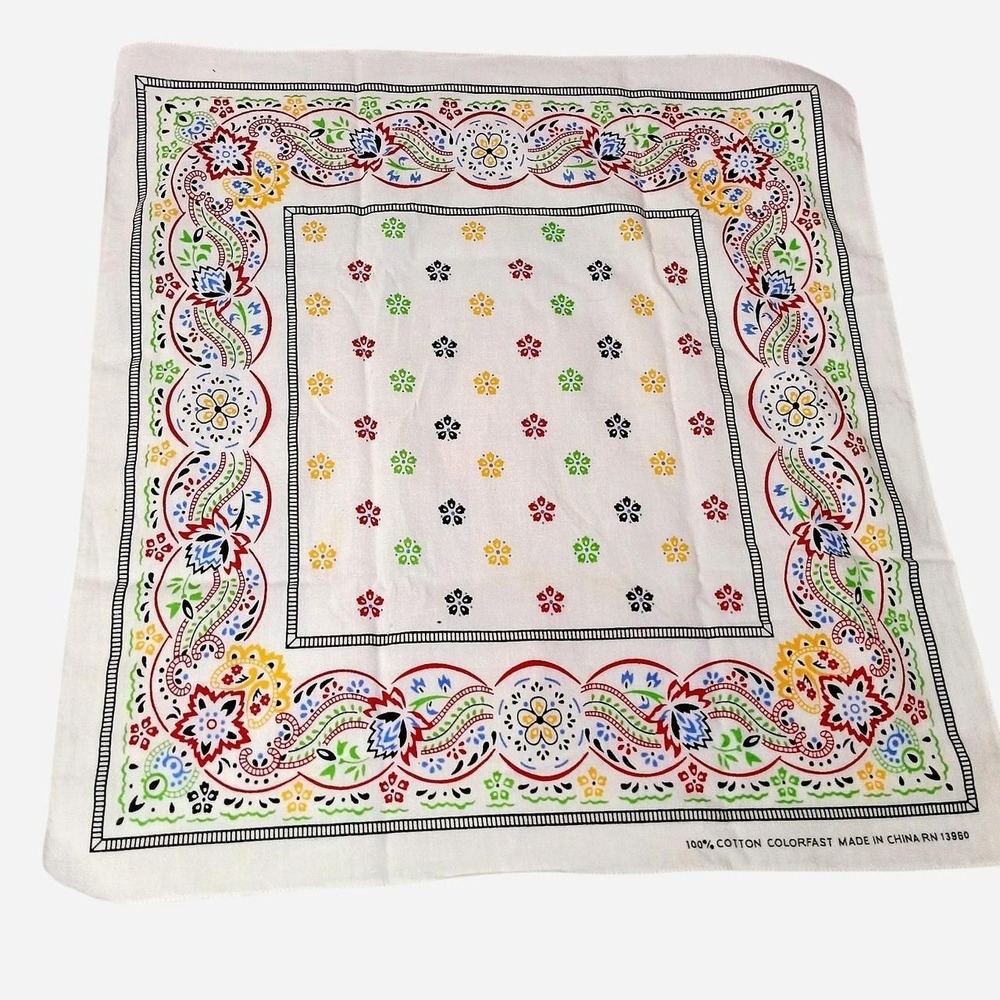 White cotton bandana multicolored floral and paisley border design 21.5" x 21"